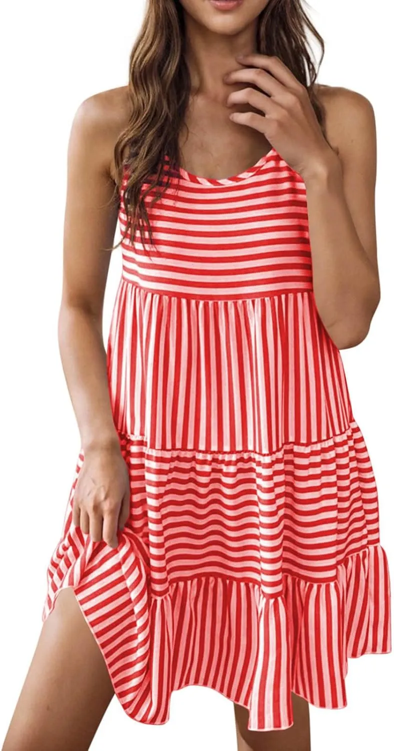 JOAU Women's Summer Boho Striped Print Mini Tank Dress Beach Vacation Casual Sleeveless Tiered Ruffle Swing A Line Sundress