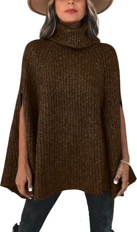 KIRUNDO Women's 2025 Fall Winter Turtleneck Poncho Sweater Fashion Chunky Knit Cape Wrap Sweaters Pullover Jumper Tops