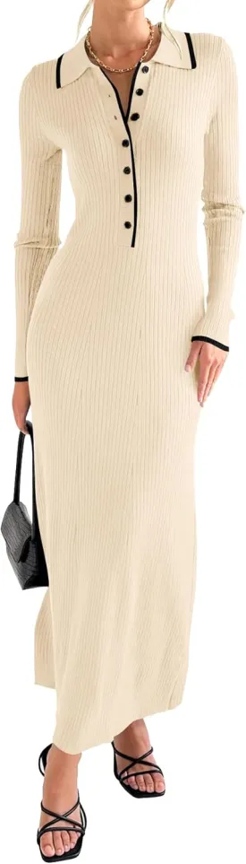 Langwyqu Womens Knit Long Sweater Dress Button V Neck Collared Long Sleeve Ribbed Bodycon Pullover 2024 Fall Maxi Dresses