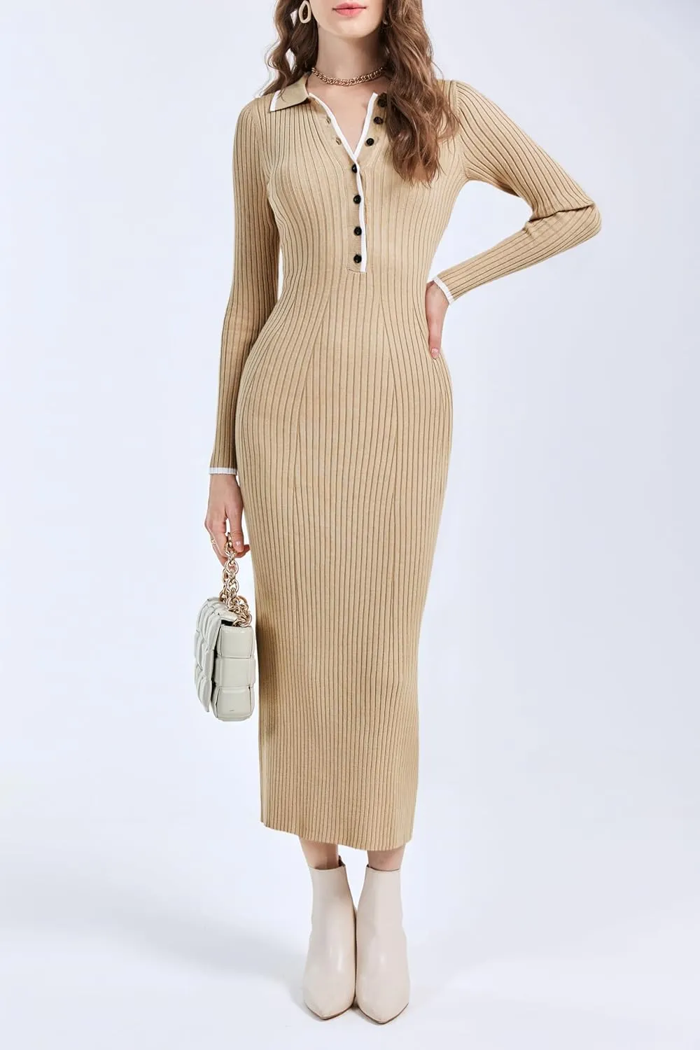 Langwyqu Womens Knit Long Sweater Dress Button V Neck Collared Long Sleeve Ribbed Bodycon Pullover 2024 Fall Maxi Dresses