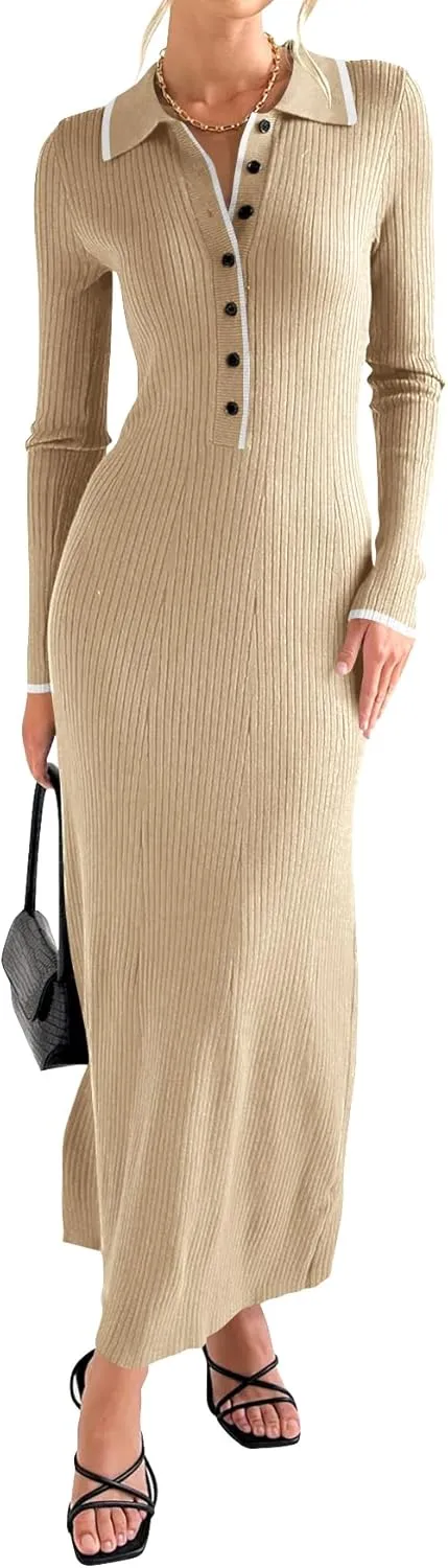 Langwyqu Womens Knit Long Sweater Dress Button V Neck Collared Long Sleeve Ribbed Bodycon Pullover 2024 Fall Maxi Dresses