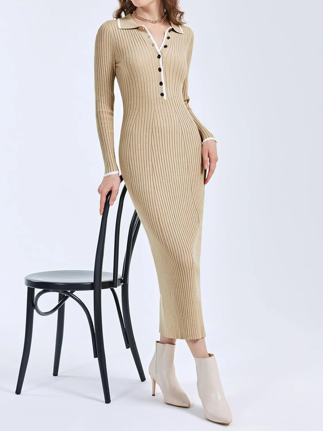 Langwyqu Womens Knit Long Sweater Dress Button V Neck Collared Long Sleeve Ribbed Bodycon Pullover 2024 Fall Maxi Dresses