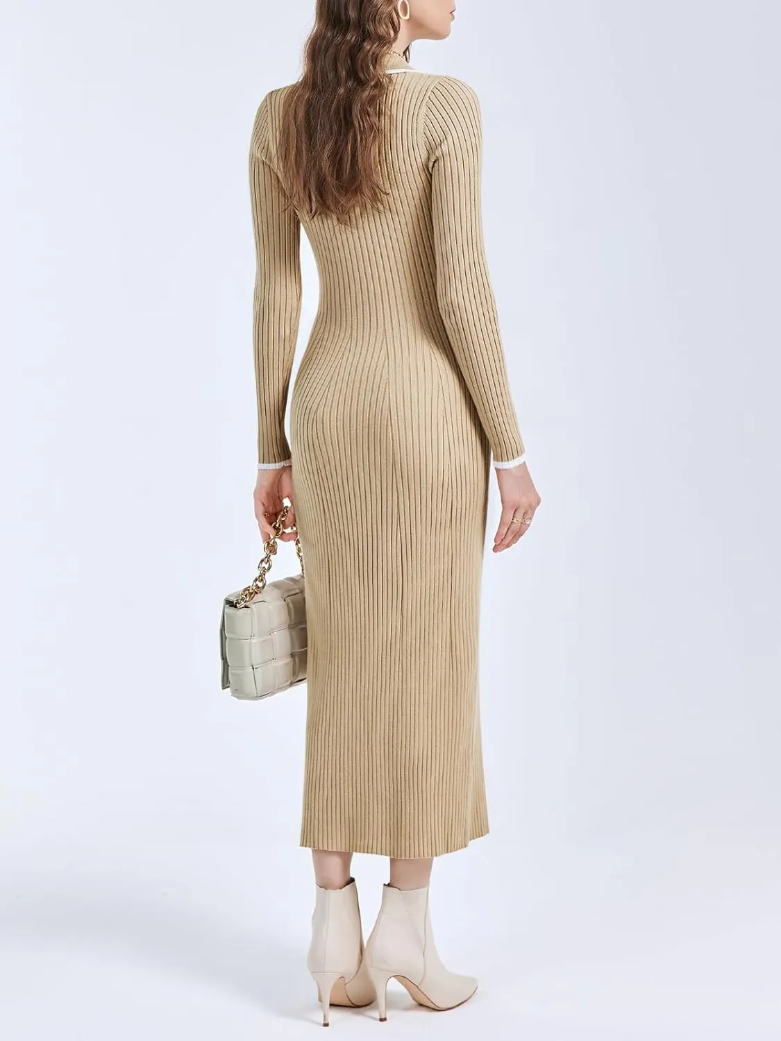 Langwyqu Womens Knit Long Sweater Dress Button V Neck Collared Long Sleeve Ribbed Bodycon Pullover 2024 Fall Maxi Dresses