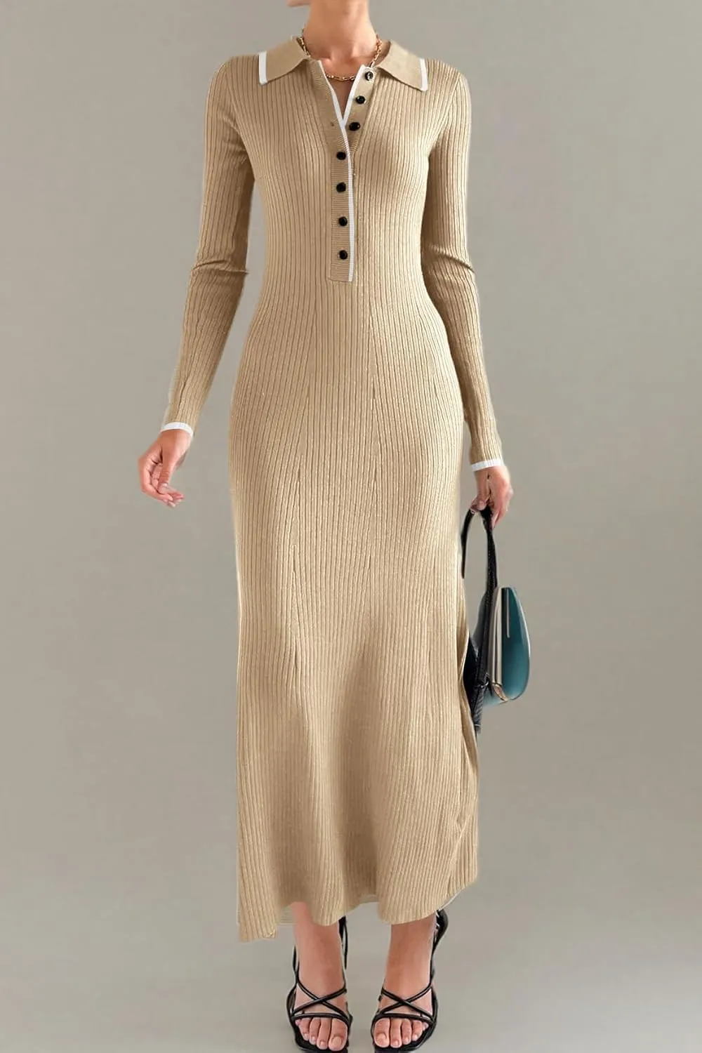 Langwyqu Womens Knit Long Sweater Dress Button V Neck Collared Long Sleeve Ribbed Bodycon Pullover 2024 Fall Maxi Dresses