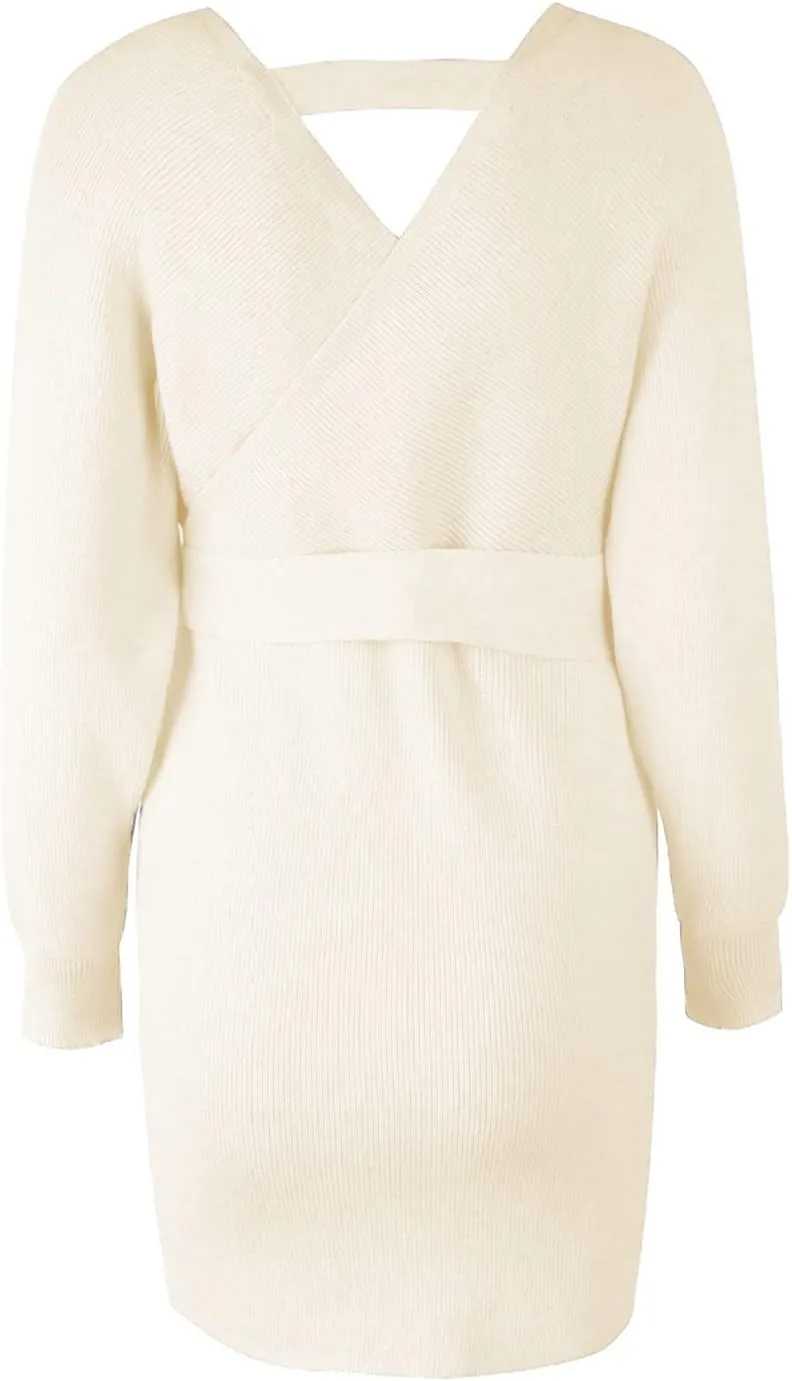 Mansy Women's Sexy Cocktail Batwing Long Sleeve Backless Mock Wrap Knit Sweater Mini Dress