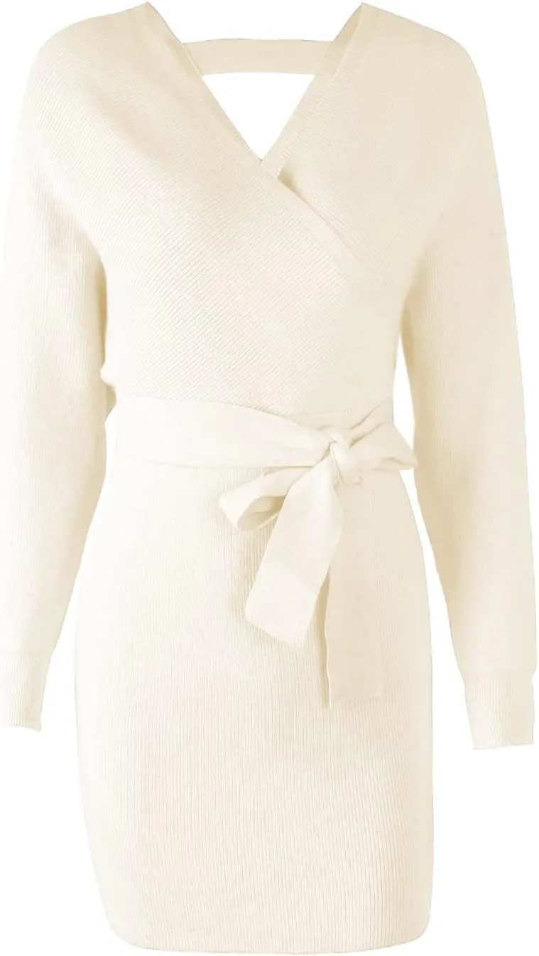 Mansy Women's Sexy Cocktail Batwing Long Sleeve Backless Mock Wrap Knit Sweater Mini Dress