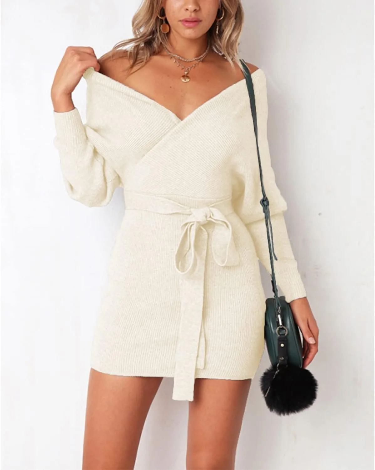 Mansy Women's Sexy Cocktail Batwing Long Sleeve Backless Mock Wrap Knit Sweater Mini Dress