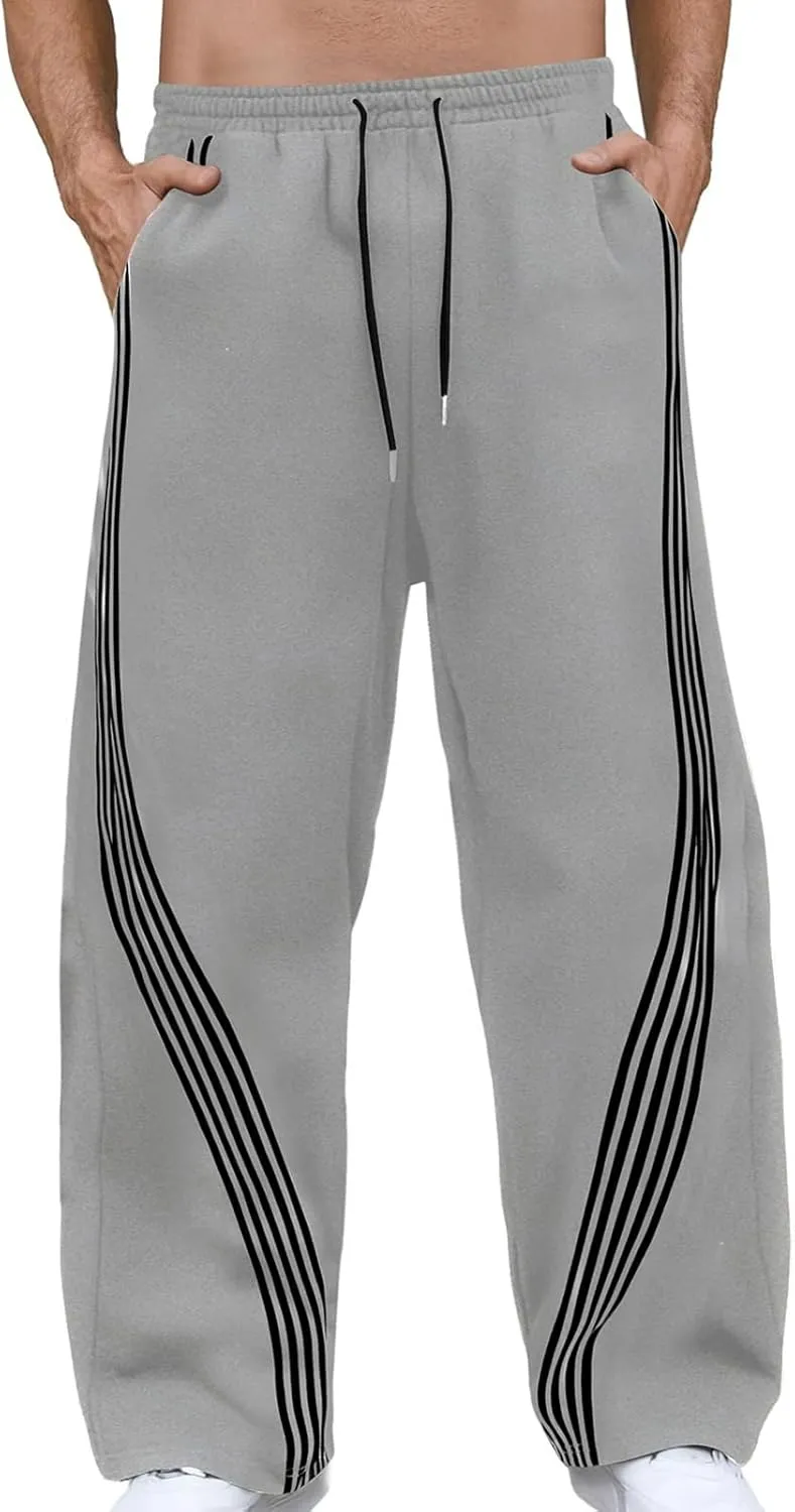 Men's Baggy Sweatpants Striped Side Drawstring Waist Track Pants Open Bottom Wide Leg Lounge Trousers Streetwear
