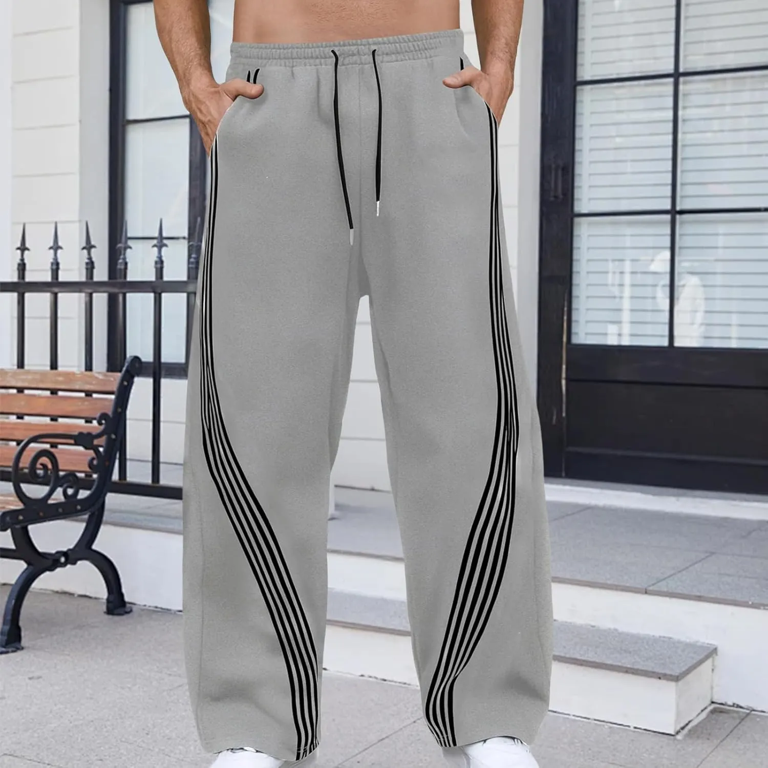Men's Baggy Sweatpants Striped Side Drawstring Waist Track Pants Open Bottom Wide Leg Lounge Trousers Streetwear
