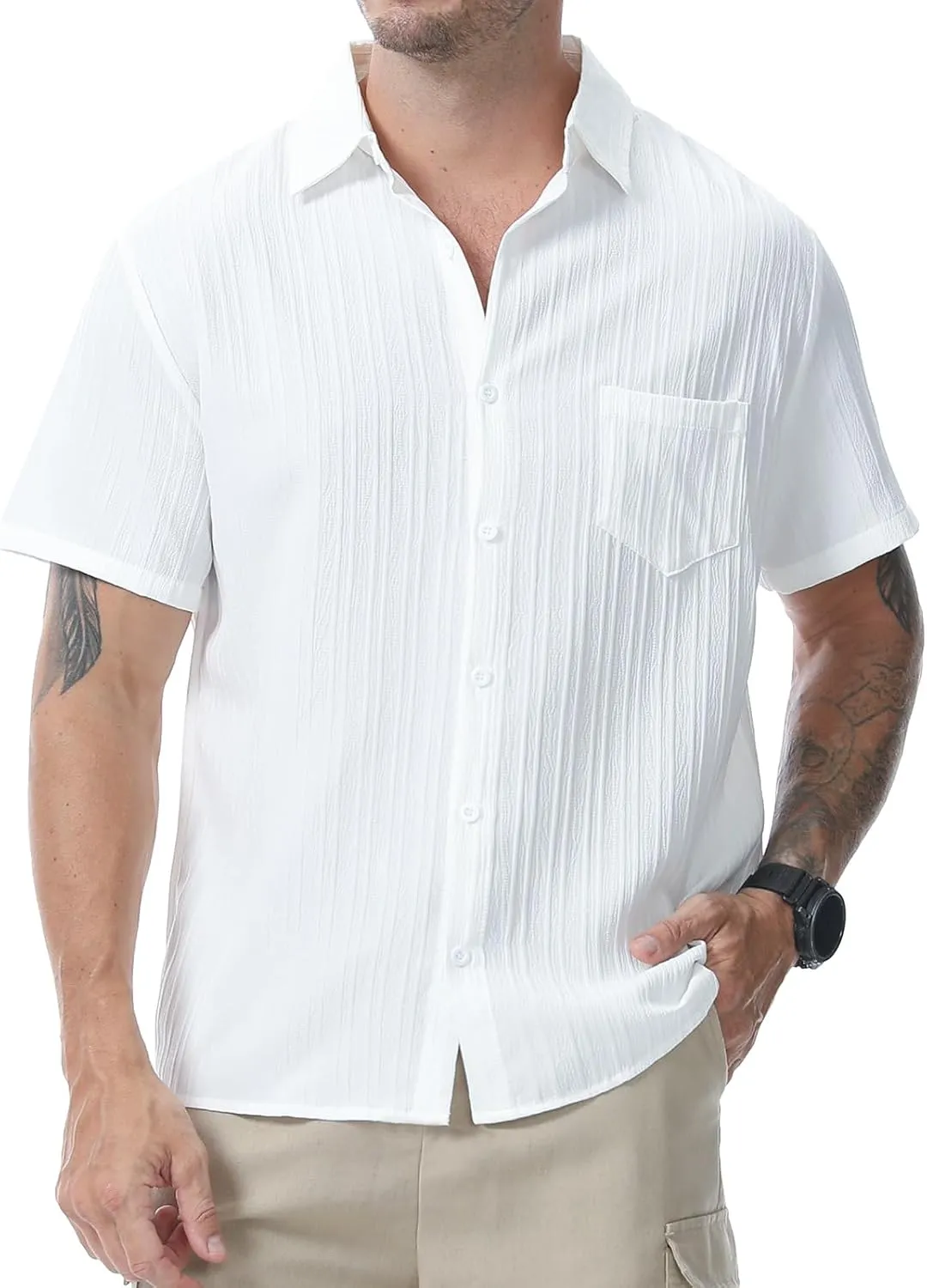 Mens Casual Short Sleeve Shirt Relaxed Button Down Summer Vacation Beach Textured Lightweight Wrinkle Free Shirt
