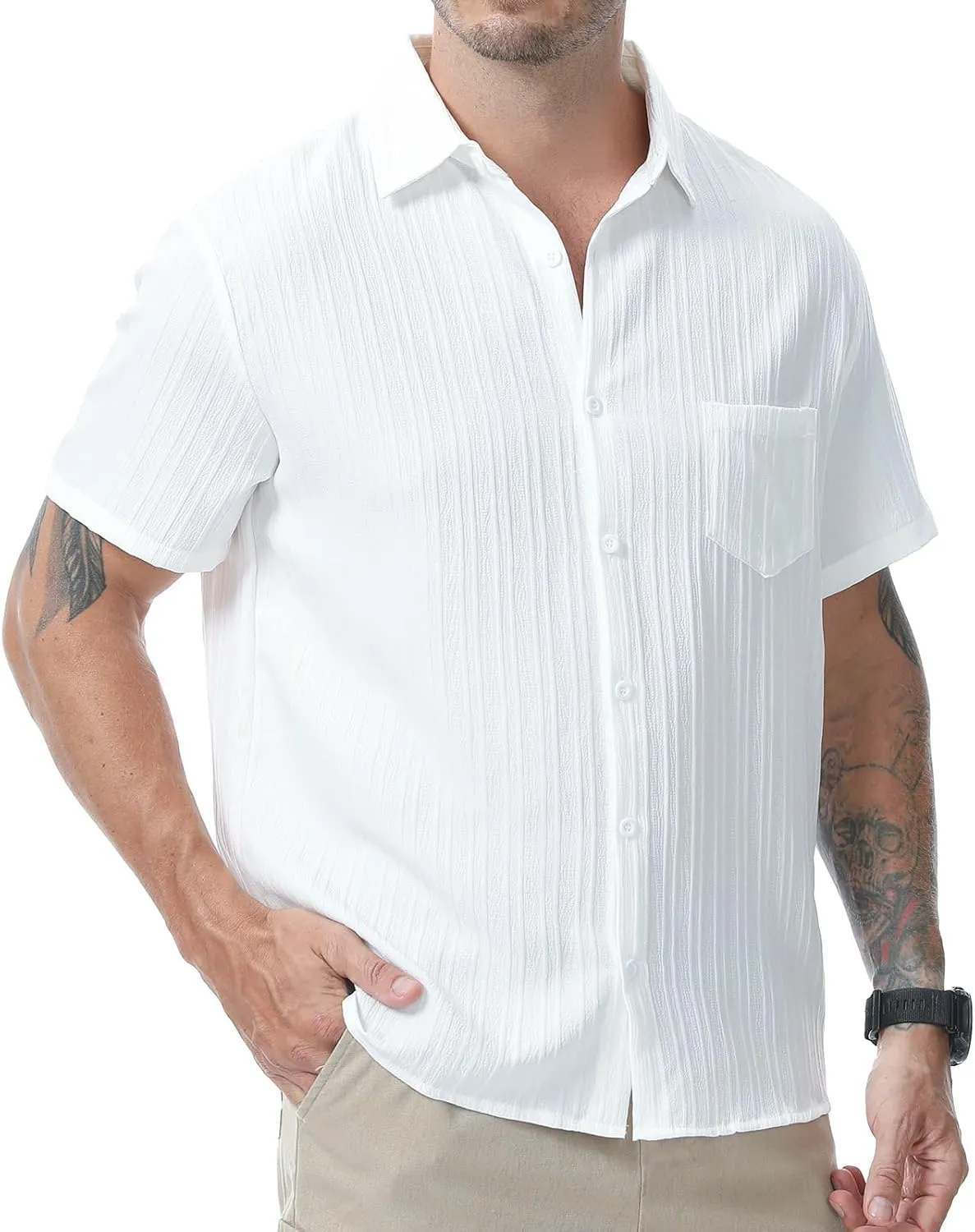 Mens Casual Short Sleeve Shirt Relaxed Button Down Summer Vacation Beach Textured Lightweight Wrinkle Free Shirt