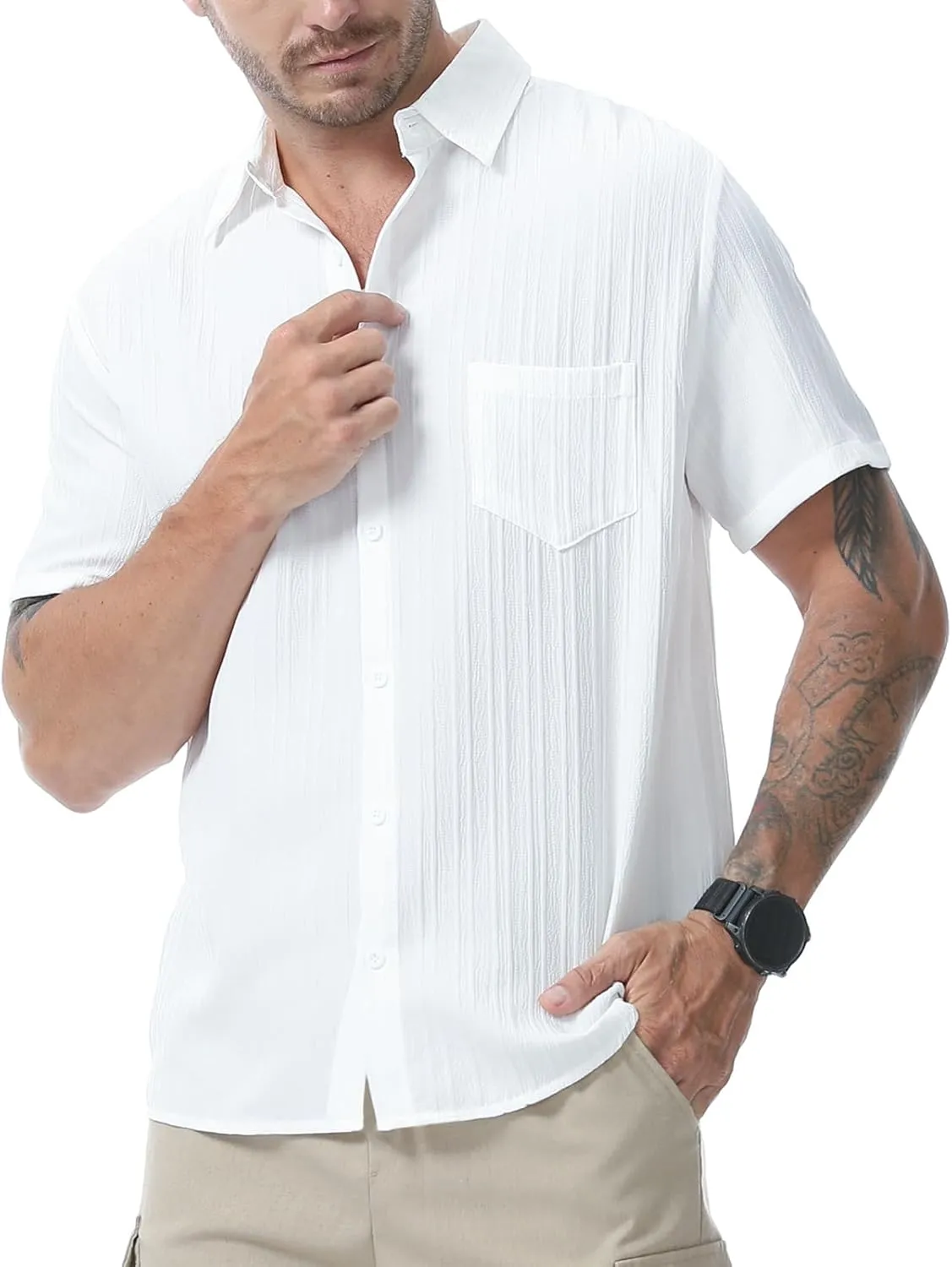 Mens Casual Short Sleeve Shirt Relaxed Button Down Summer Vacation Beach Textured Lightweight Wrinkle Free Shirt
