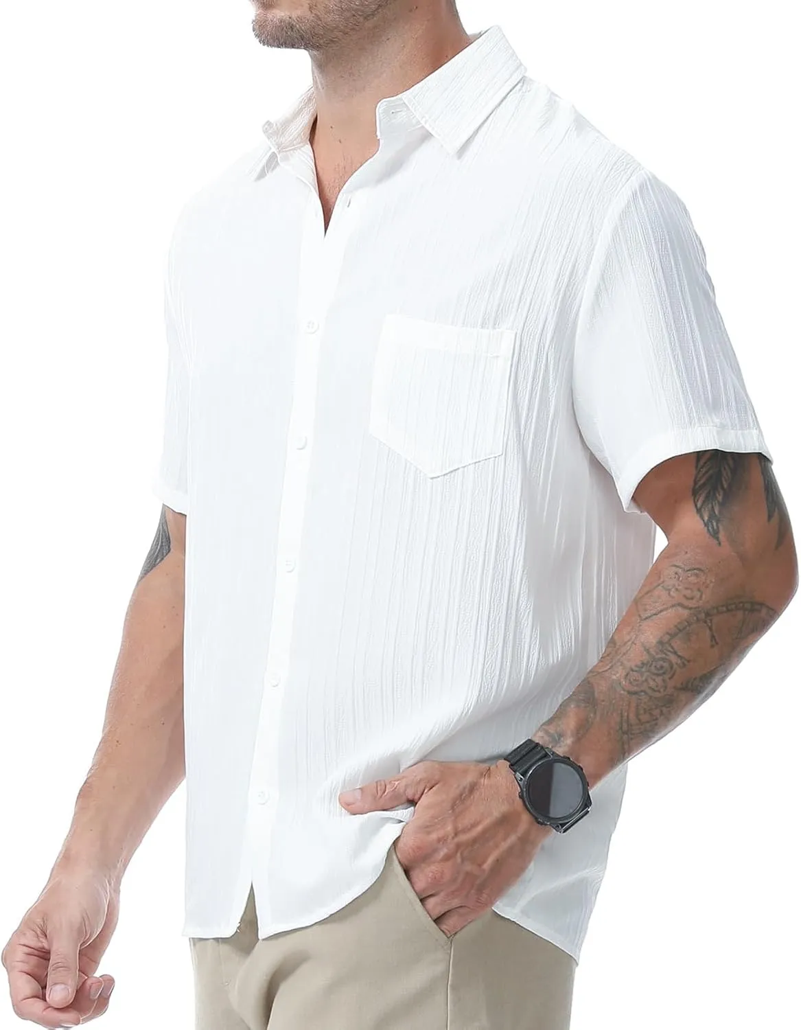 Mens Casual Short Sleeve Shirt Relaxed Button Down Summer Vacation Beach Textured Lightweight Wrinkle Free Shirt
