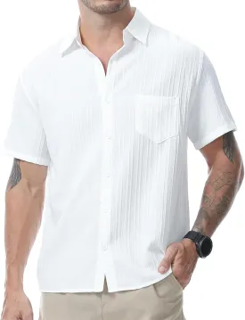 Mens Casual Short Sleeve Shirt Relaxed Button Down Summer Vacation Beach Textured Lightweight Wrinkle Free Shirt