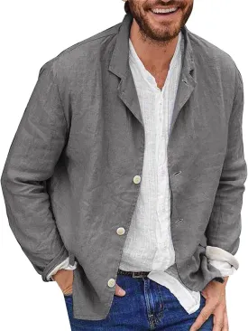 Men's Cotton Linen Blazer Jackets Loose Lightweight Button Down Casual Suit Coat Summer Outdoor Lapel Sports Outwear