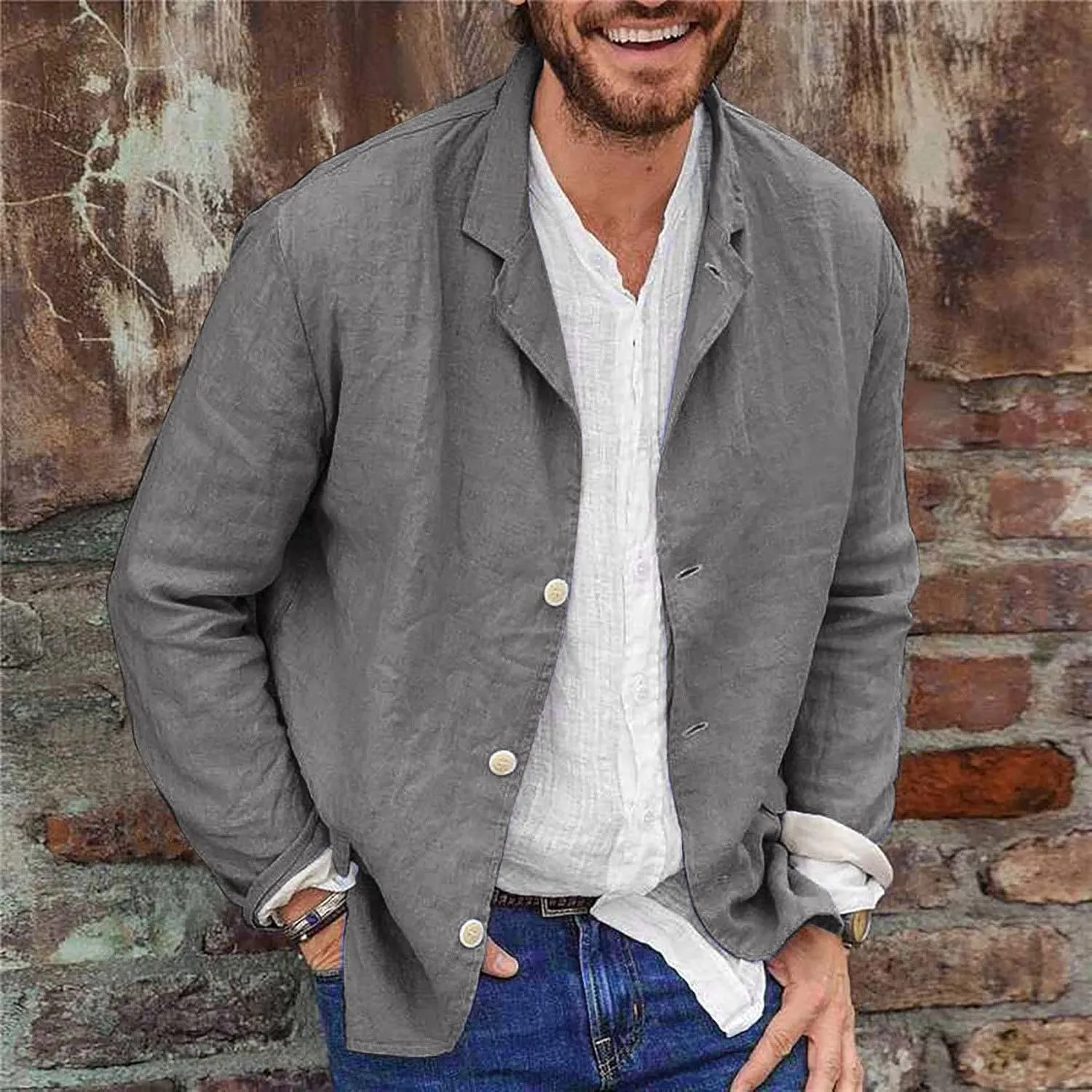 Men's Cotton Linen Blazer Jackets Loose Lightweight Button Down Casual Suit Coat Summer Outdoor Lapel Sports Outwear