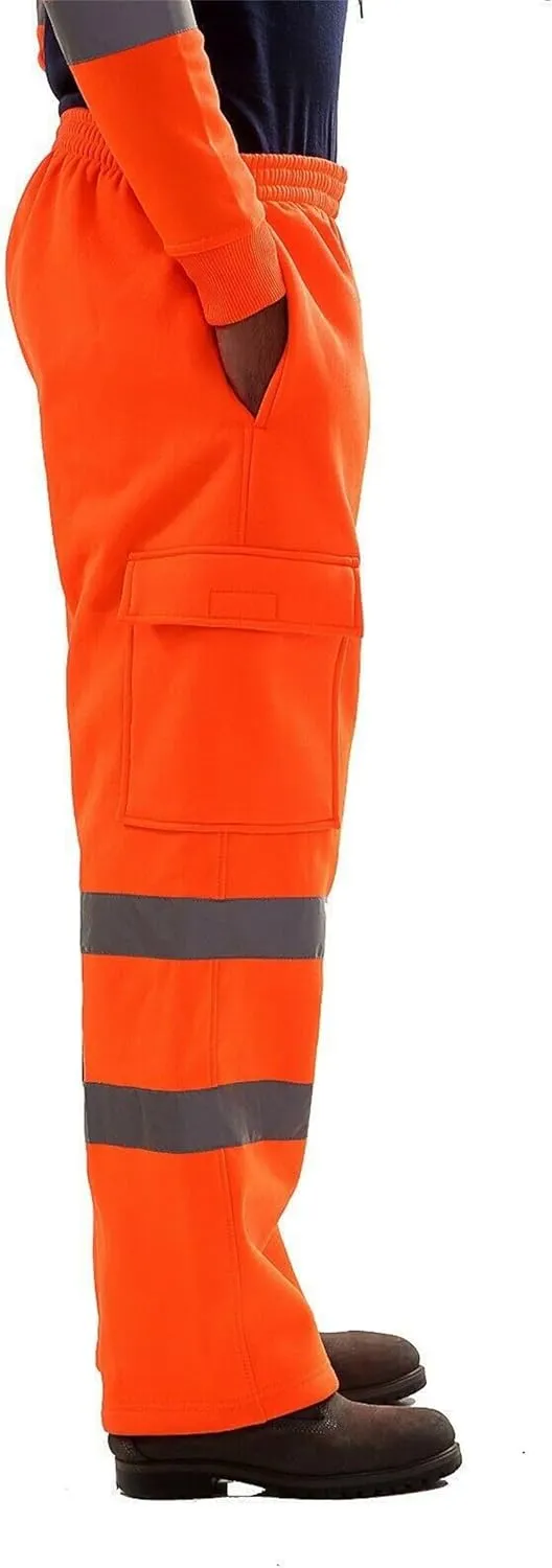 Men's Fleece Hi Vis Viz Cargo Pants Enhanced Visibility Joggers Safety Reflective Strip Work Trousers with Pockets