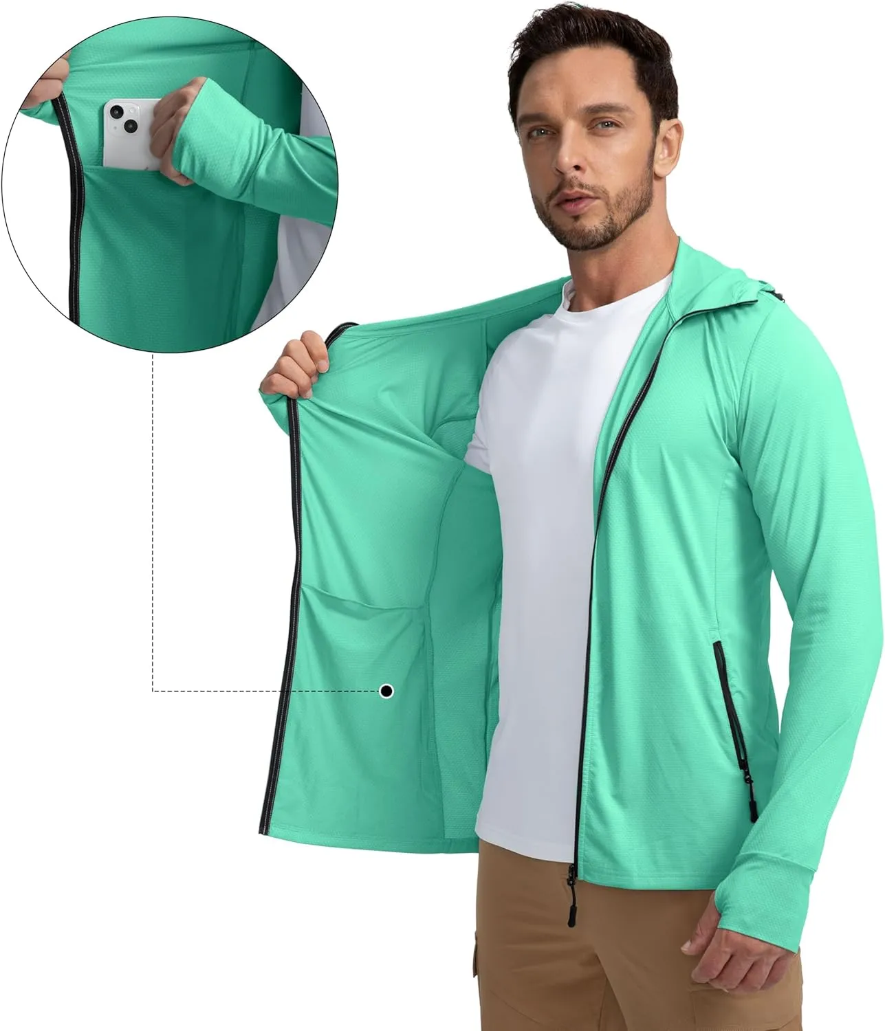 Men's UPF 50  Light Jacket Full Zip Sun Protection Hoodie Long Sleeve Sun Shirts for Men Hiking Fishing Zip Pockets