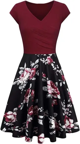OMZIN Women's Summer 1950s Vintage Dress Wrap V Neck Cap Sleeve Dress Cocktail Swing Dress A-Line Flared Midi Dress