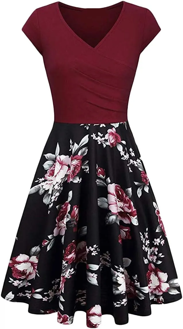 OMZIN Women's Summer 1950s Vintage Dress Wrap V Neck Cap Sleeve Dress Cocktail Swing Dress A-Line Flared Midi Dress