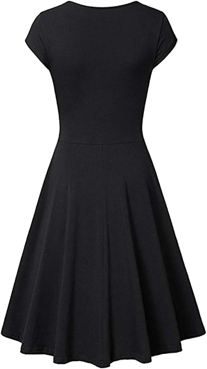 OMZIN Women's Summer 1950s Vintage Dress Wrap V Neck Cap Sleeve Dress Cocktail Swing Dress A-Line Flared Midi Dress