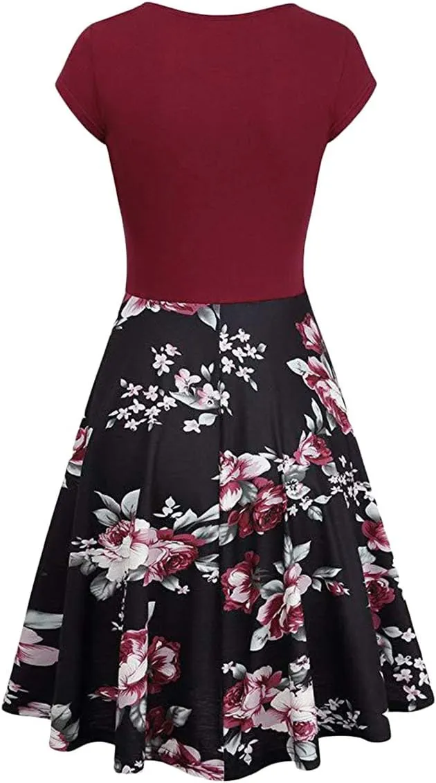 OMZIN Women's Summer 1950s Vintage Dress Wrap V Neck Cap Sleeve Dress Cocktail Swing Dress A-Line Flared Midi Dress