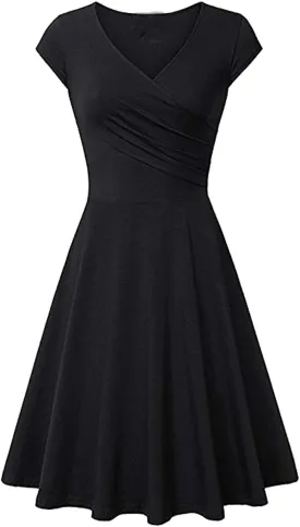 OMZIN Women's Summer 1950s Vintage Dress Wrap V Neck Cap Sleeve Dress Cocktail Swing Dress A-Line Flared Midi Dress