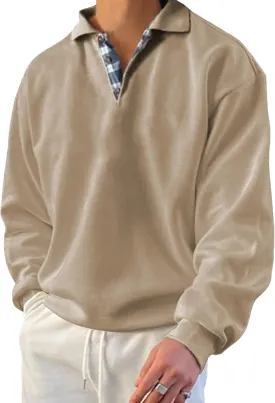 Opomelo Men's Long Sleeve Pullover Polo Shirts-Casual Loose Fit Sweatshirts V Neck Tops