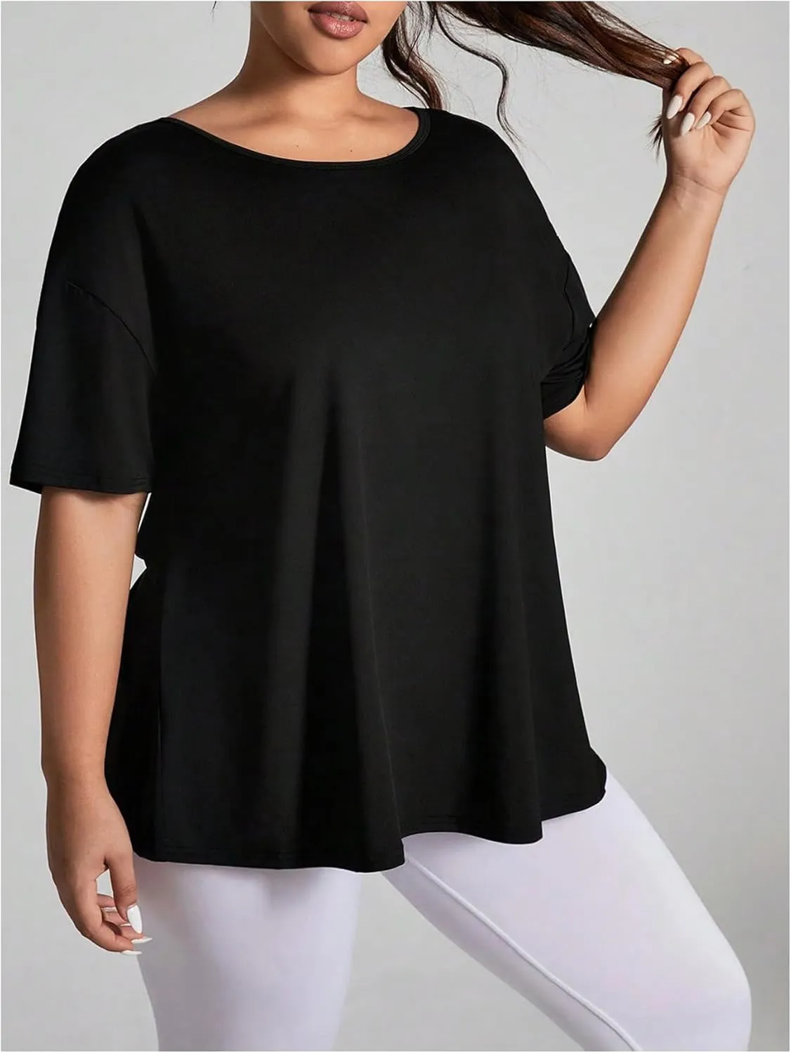 OYOANGLE Women's Plus Size Open Back Workout Tops Short Sleeve Criss Cross T-Shirts Athletic Gym Tee Top