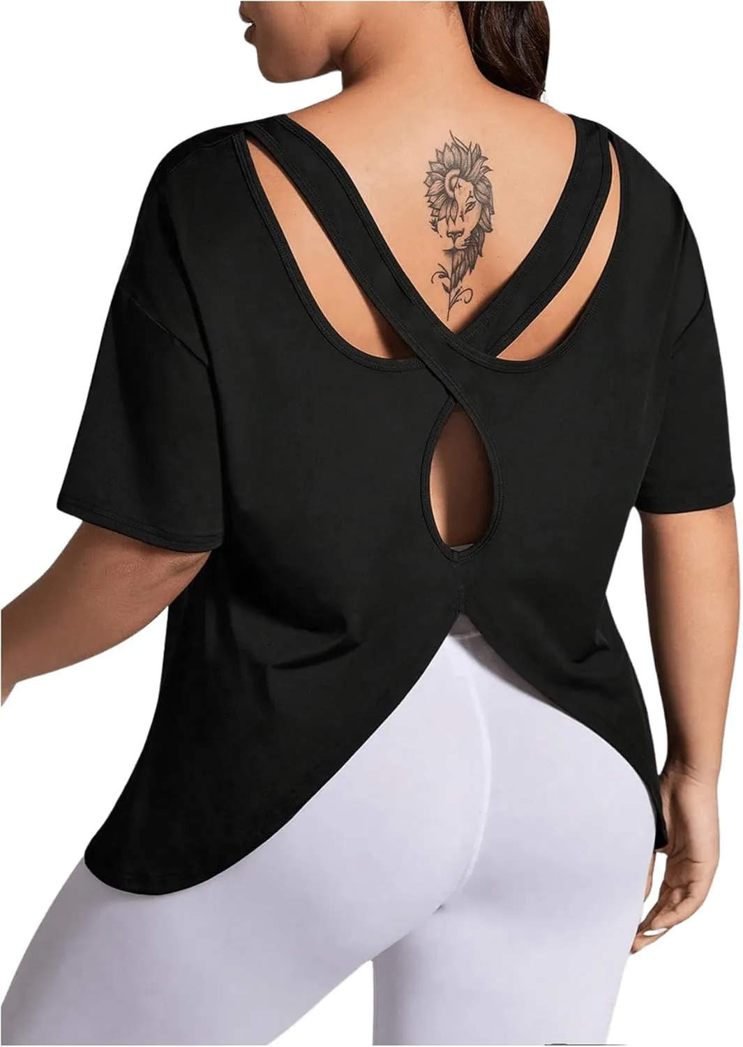 OYOANGLE Women's Plus Size Open Back Workout Tops Short Sleeve Criss Cross T-Shirts Athletic Gym Tee Top