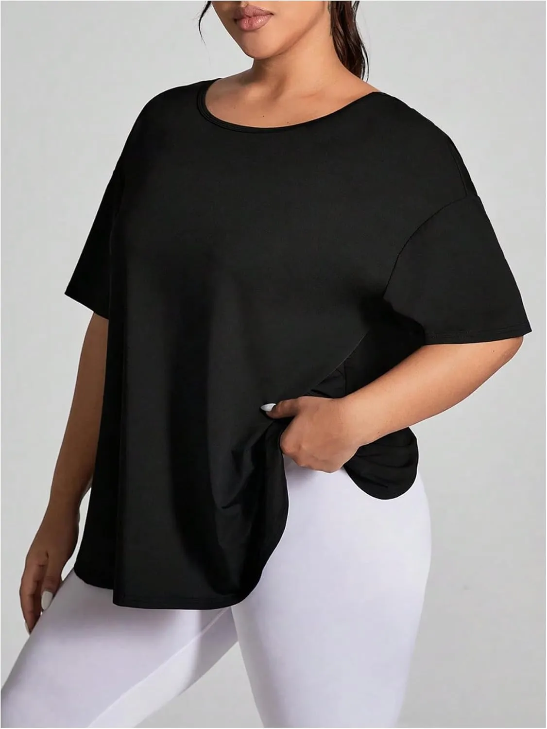 OYOANGLE Women's Plus Size Open Back Workout Tops Short Sleeve Criss Cross T-Shirts Athletic Gym Tee Top