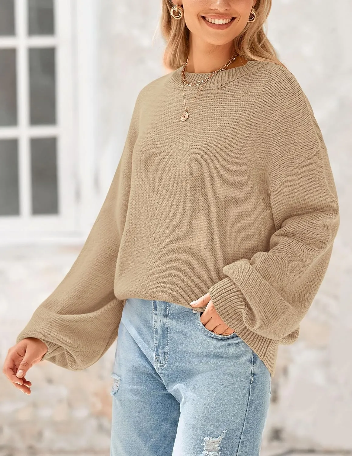 PRETTYGARDEN Women's 2024 Winter Chunky Knit Sweater Casual Long Lantern Sleeve Crewneck Pullover Jumper Tops