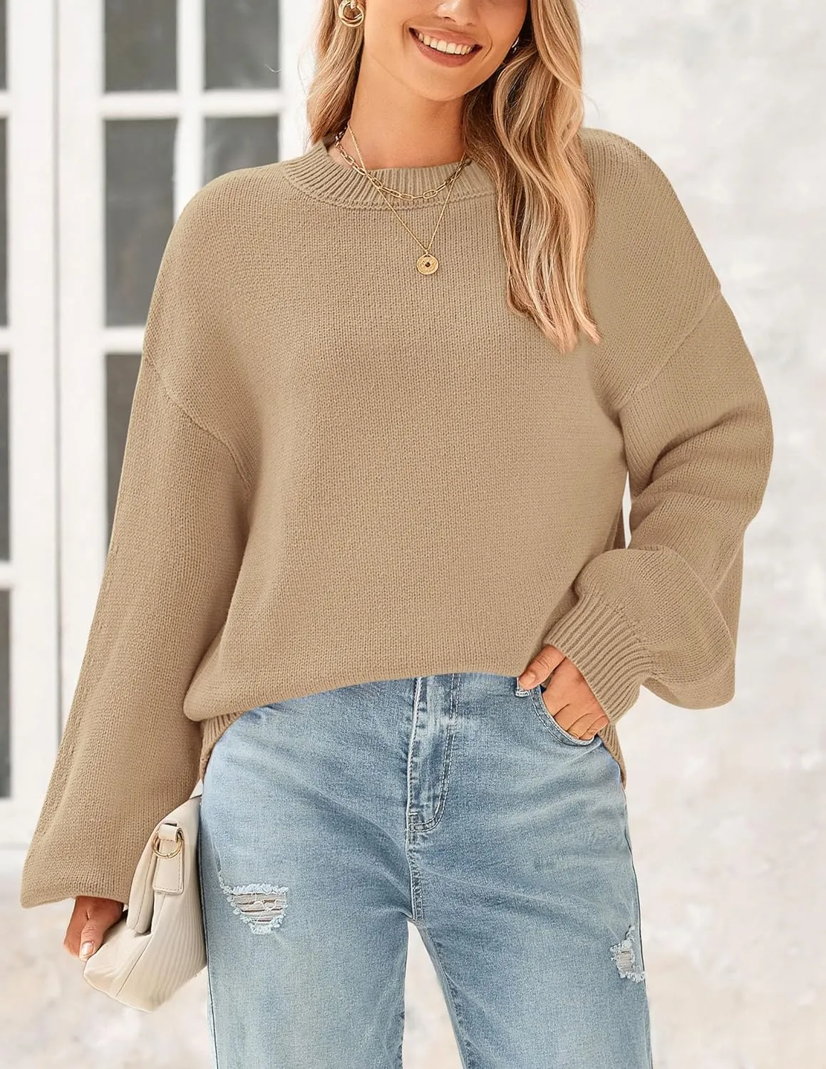 PRETTYGARDEN Women's 2024 Winter Chunky Knit Sweater Casual Long Lantern Sleeve Crewneck Pullover Jumper Tops