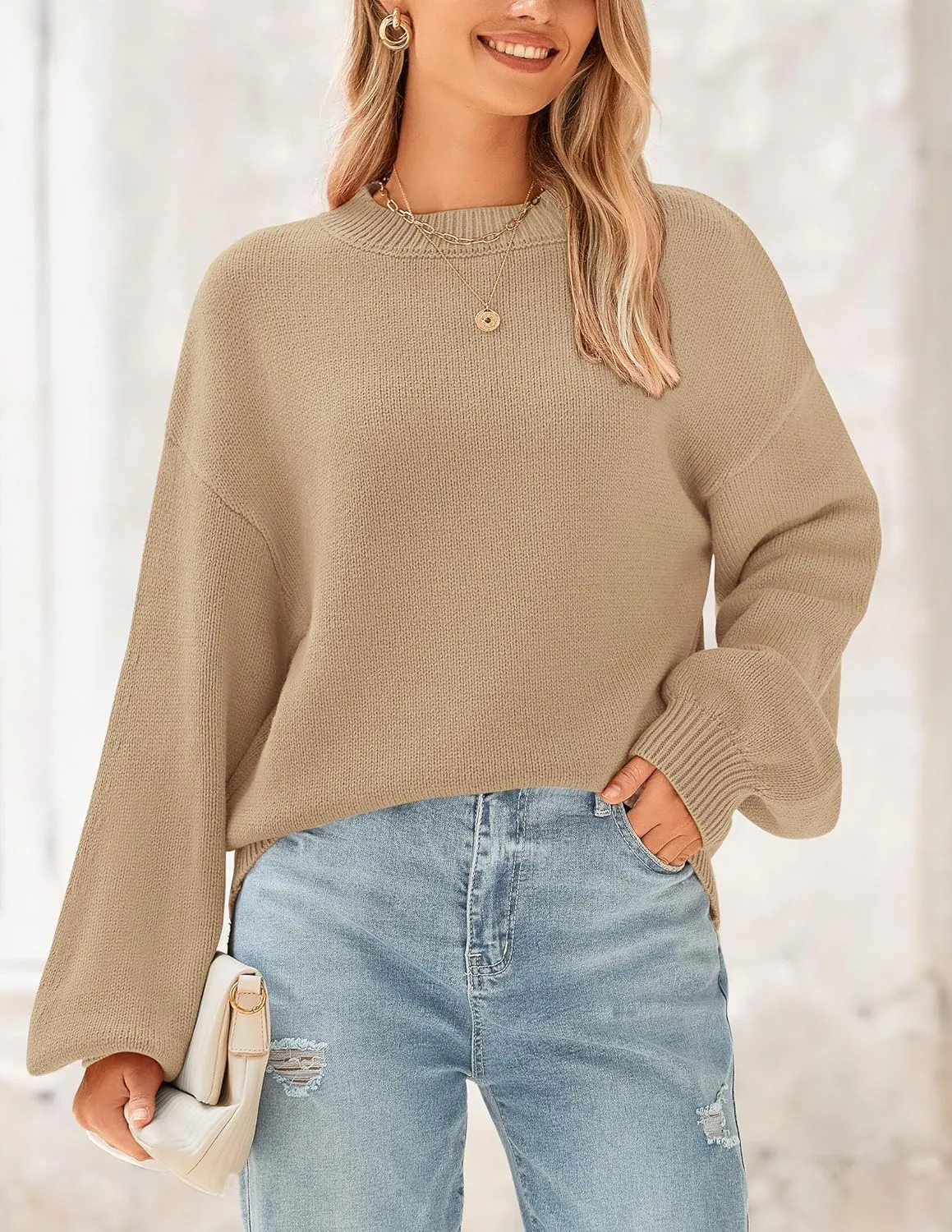 PRETTYGARDEN Women's 2024 Winter Chunky Knit Sweater Casual Long Lantern Sleeve Crewneck Pullover Jumper Tops