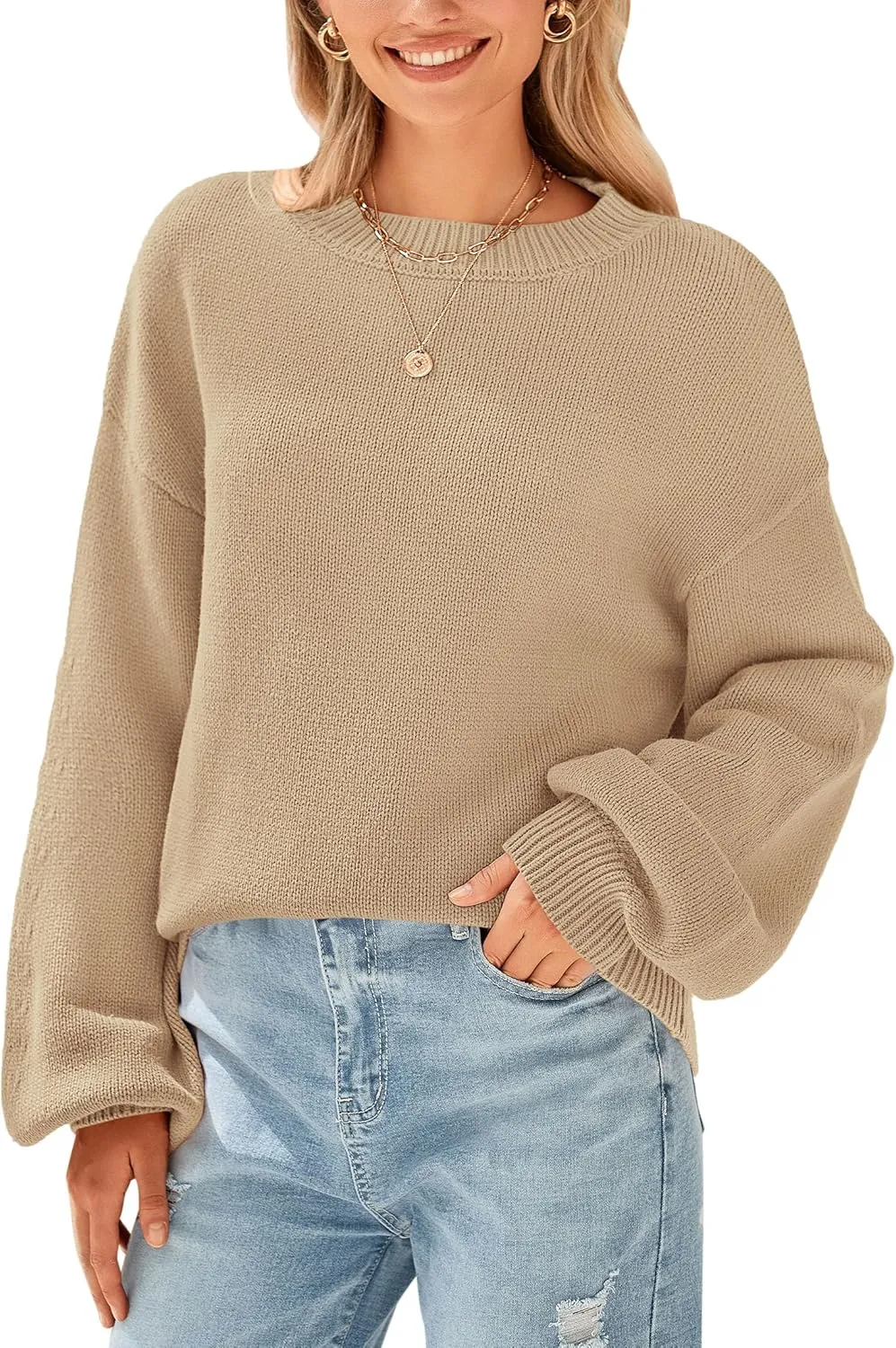 PRETTYGARDEN Women's 2024 Winter Chunky Knit Sweater Casual Long Lantern Sleeve Crewneck Pullover Jumper Tops