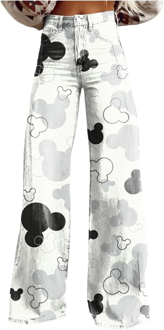 Printed Jeans for Women, Vintage Floral Graphic, 2025 Summer Wide Leg Dark Wash 90s Thin FauxJean Not Really Jeans.