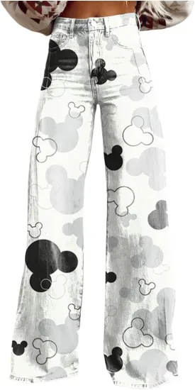 Printed Jeans for Women, Vintage Floral Graphic, 2025 Summer Wide Leg Dark Wash 90s Thin FauxJean Not Really Jeans.