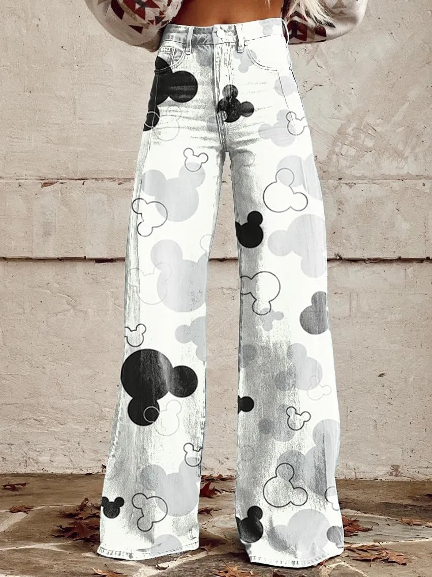 Printed Jeans for Women, Vintage Floral Graphic, 2025 Summer Wide Leg Dark Wash 90s Thin FauxJean Not Really Jeans.
