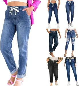 Straight Leg Jeans for Women Drawstring Elastic Waist Pull On Jeans Stretchy Boyfriend Baggy Cropped Denim Joggers