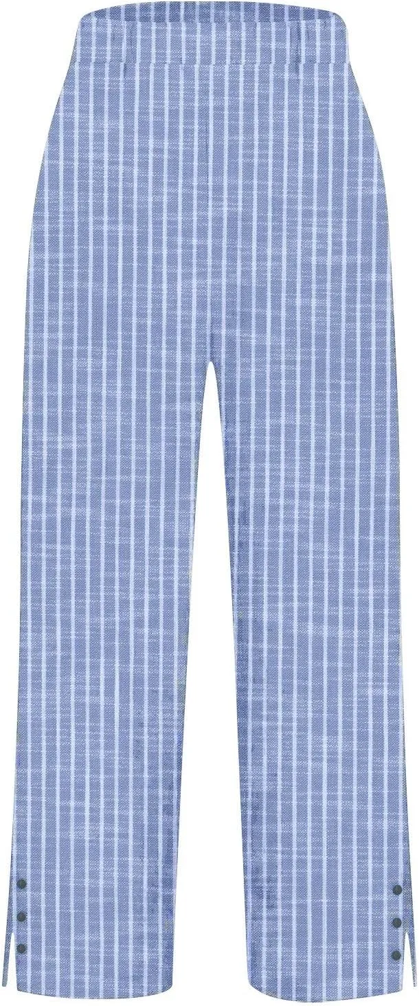Striped Linen Pants Women Elastic Waist Straight Leg Cropped Pants Summer Casual Crop Beach Trousers with Pockets
