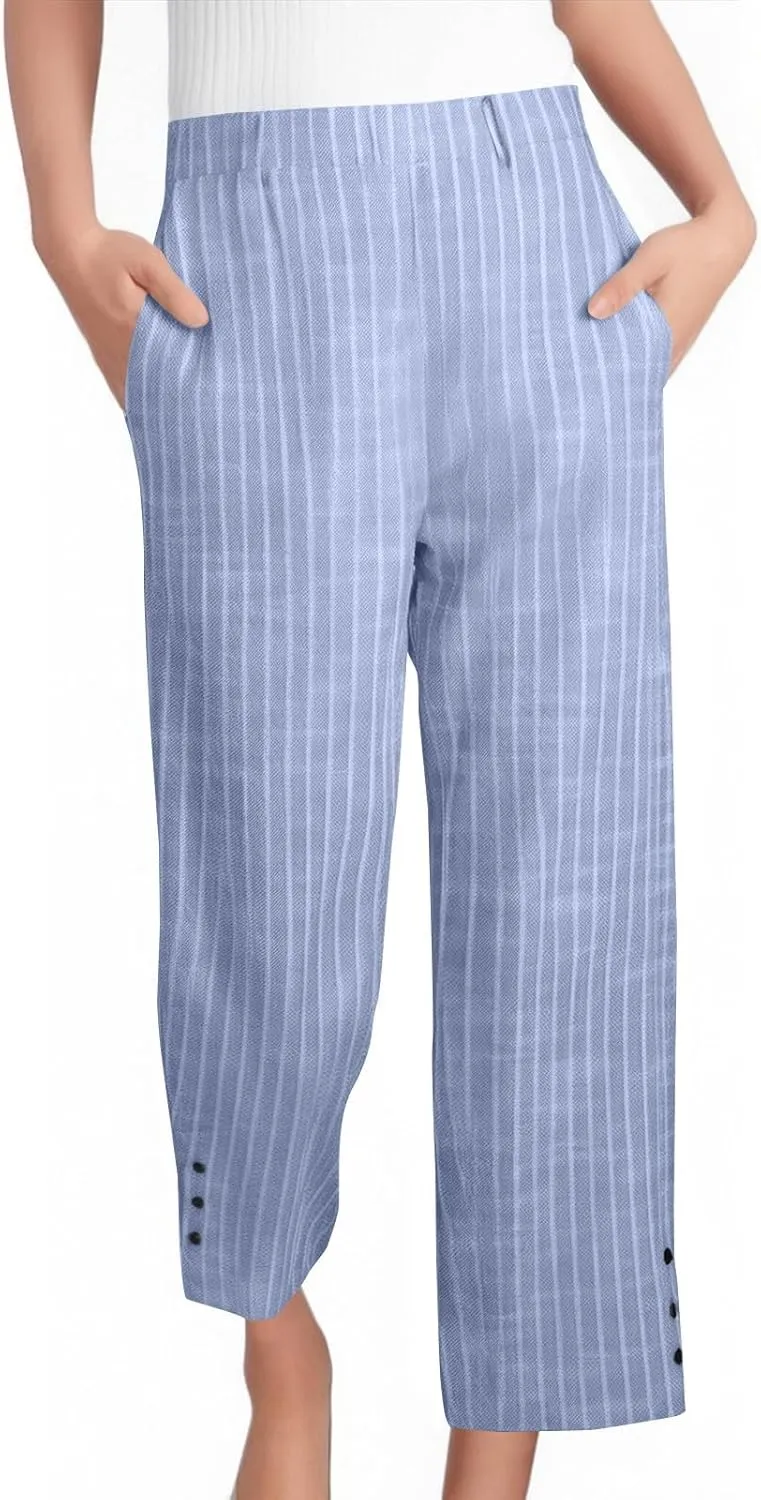 Striped Linen Pants Women Elastic Waist Straight Leg Cropped Pants Summer Casual Crop Beach Trousers with Pockets