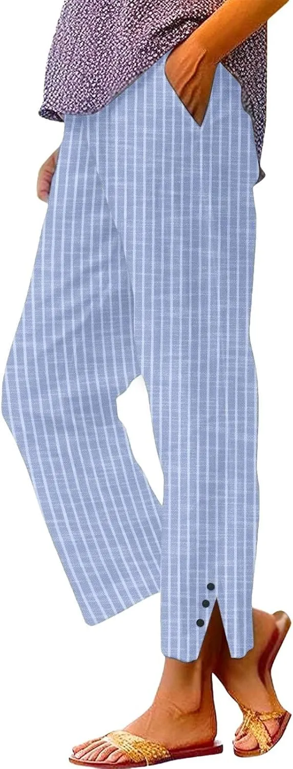 Striped Linen Pants Women Elastic Waist Straight Leg Cropped Pants Summer Casual Crop Beach Trousers with Pockets