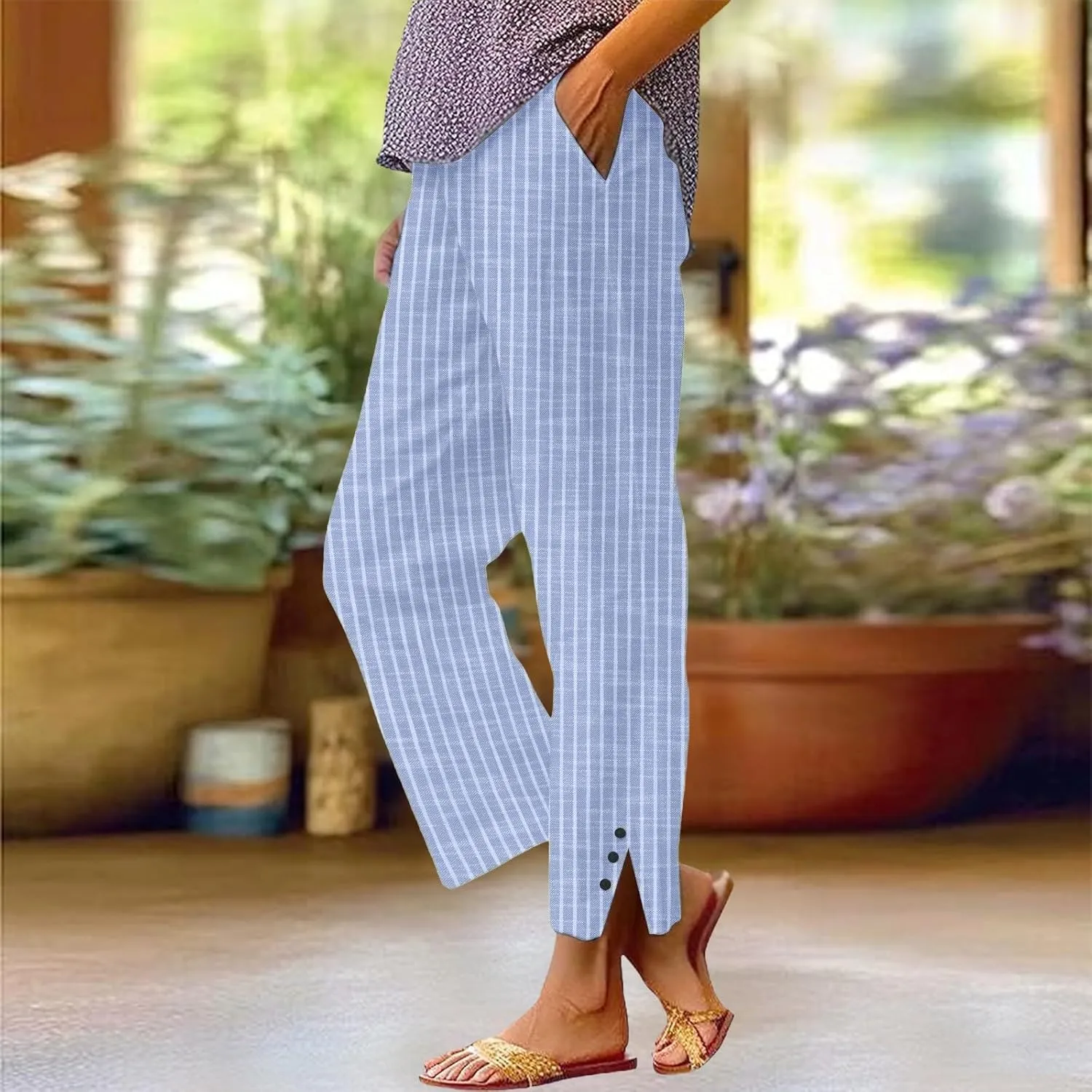 Striped Linen Pants Women Elastic Waist Straight Leg Cropped Pants Summer Casual Crop Beach Trousers with Pockets