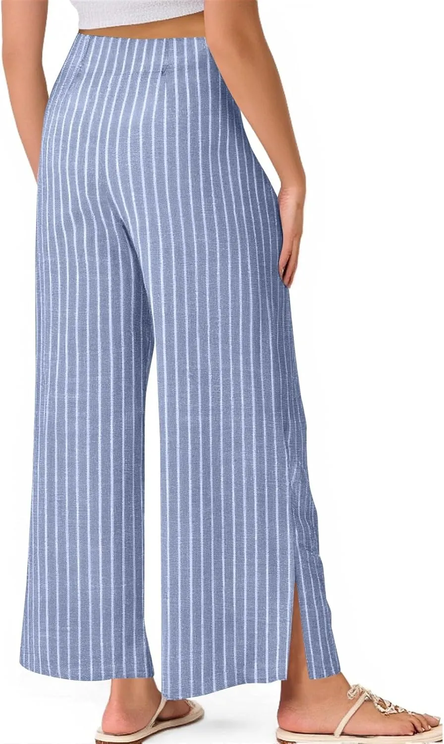 Striped Linen Pants Women Elastic Waist Straight Leg Cropped Pants Summer Casual Crop Beach Trousers with Pockets