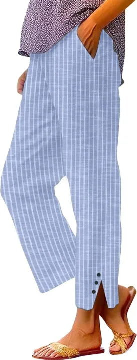 Striped Linen Pants Women Elastic Waist Straight Leg Cropped Pants Summer Casual Crop Beach Trousers with Pockets