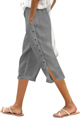 Tear Away Pants for Women Side Snap Button Capri Sweatpants Casual Loose Fit Post Surgery Adaptive Clothing with Pockets