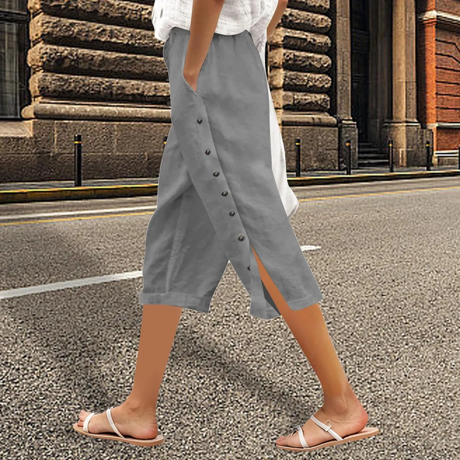 Tear Away Pants for Women Side Snap Button Capri Sweatpants Casual Loose Fit Post Surgery Adaptive Clothing with Pockets