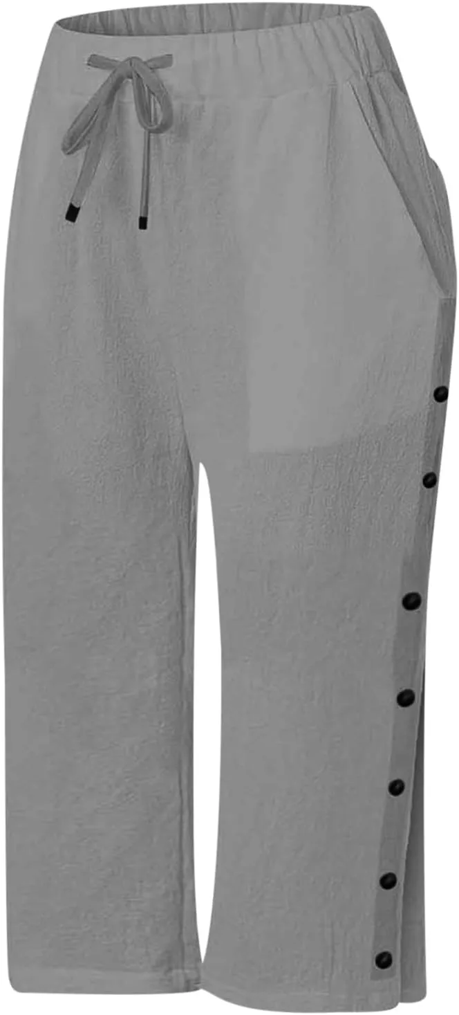 Tear Away Pants for Women Side Snap Button Capri Sweatpants Casual Loose Fit Post Surgery Adaptive Clothing with Pockets