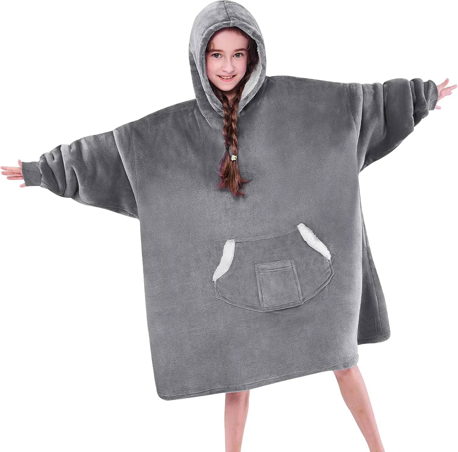 Wearable Blanket Hoodie for Kids, Blanket Hoodie For Kids With Hood And Pocket, Sherpa Oversized Cozy Sweatshirt Blankets As Gifts For Girls Boys Kids (Grey)