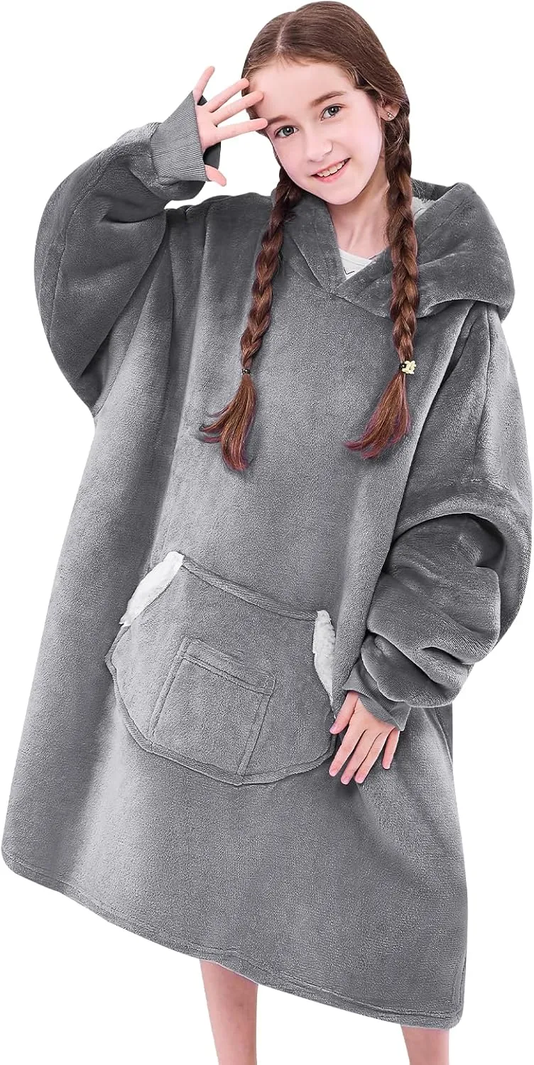 Wearable Blanket Hoodie for Kids, Blanket Hoodie For Kids With Hood And Pocket, Sherpa Oversized Cozy Sweatshirt Blankets As Gifts For Girls Boys Kids (Grey)